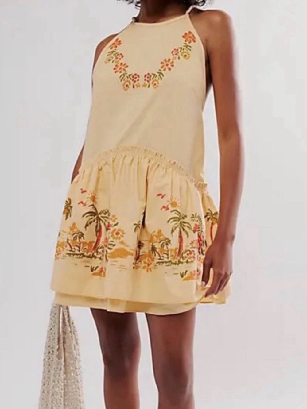 Free People Deserted Island Mini Dress Apricot with Palm Tree Print. Size L NWT
